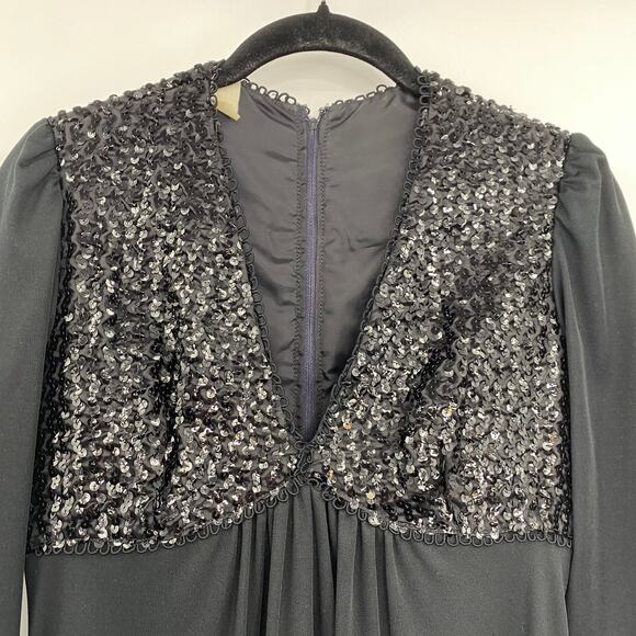 Vintage Shawn Jos 1970s Formal Gown Maxi Dress Black Sequin V Neck Womens Small - Picture 4 of 9